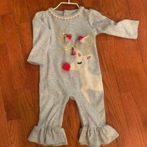 MUDPIE Infant Girl’s 3-6 Mo. Long Sleeve Ruffle REINDEER Romper Christmas  NEW